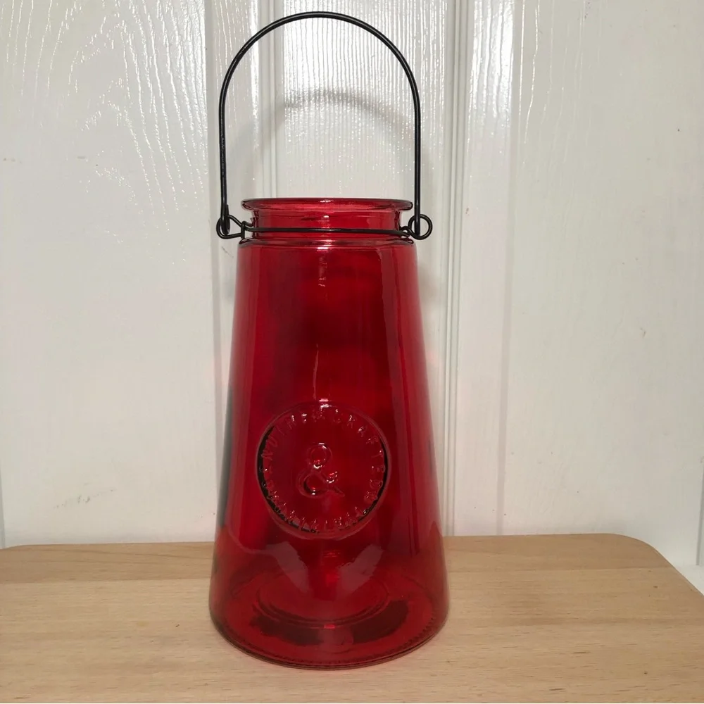 Genuine Crafted & Original Red Glass Ribbed Candle Holder with Metal Wire Handle